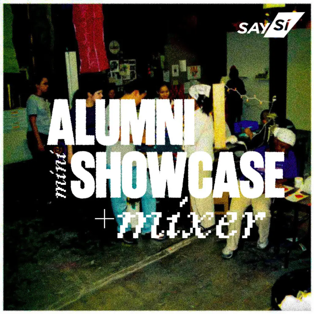 This is a graphic with image and text. It reads, "Alumni mini showcase & mixer"